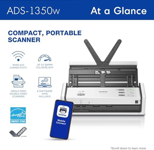 Brother ADS-1350W Wireless Compact Desktop Scanner | Scan Speeds of Up to 30ppm | Single Pass Double-Sided Scanning - Image 2