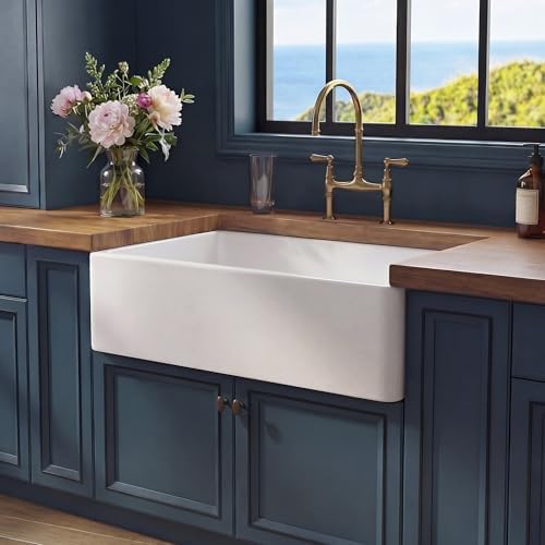 Miuara Farmhouse Sink 30 x 18 Inch White Fireclay Apron Front Kitchen Sink by Miuara