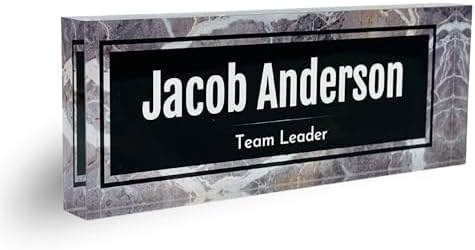 Customized Clear Acrylic Thick 8x3" Desk Name Plate Block with Personalized Logo - Professional Office Decor - Customized Acrylic Plate Gift for Teacher Co-workers (Black-White Marble) by ClickedCraft