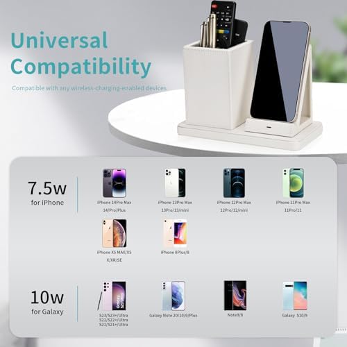 Wireless Charger with Desk Organizer, Wireless Charging Station for iPhone 14/14 Pro/13/12/11/Samsung Galaxy S23/S22/S21/S20/Note 20/Note 10, Charging Stand with Leather, White - Image 3