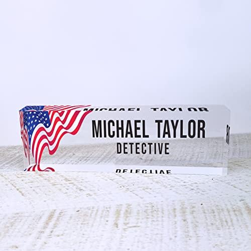 Artblox Office Desk Name Plate Personalized | Custom Name Plates for Desks | Us Flag Design On Clear Acrylic Glass | Office Desk Decor - (8" x 2.5") - Image 2