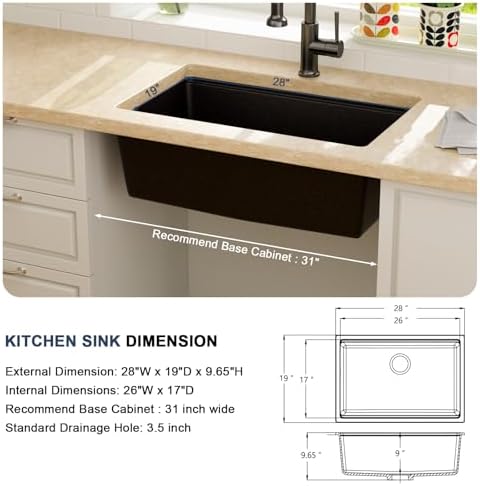 Lordear 28 Inch Black Granite Composite Kitchen Sink Workstation 28x19 Matte Black Undermount Quartz Sinks Under Counter Single Bowl Sink with Black Accessories - Image 5