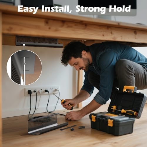 KHAMAL Cable Management Under Desk 26PCS - Cable Management Tray Kit Ventilated Hexagonal Design with Cable Clips, Wire Ties, Cord Holder & Screws for Office, Home (Black) - Image 5