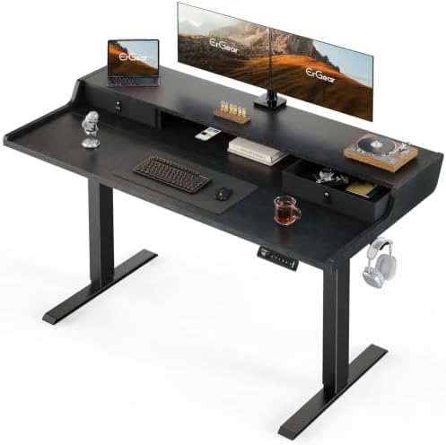 ErGear Electric Standing Desk with Drawers, 55″ x 28″ Gaming Table Compatible Monitor Stand, Stand up Desks, Home Office Height-Adjustable Desk with Storage Shelf, 4 Preset Heights, Black by ErGear