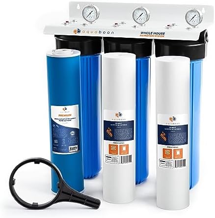 Aquaboon 3-Stage Water Filter System with 20x4.5 GAC & Sediment Filters for Whole House Water Filtration System with Gauge & Release, Wrench, Bracket by Aquaboon