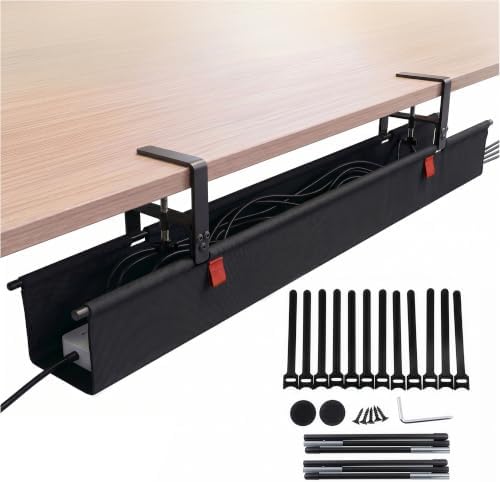 Under Desk Cable Management Tray 48" — No Drill Clamp-On Cord Organizer for Desk with Built-in Ties, Heavy Duty Metal Clamp, Foldable 600D Oxford Fabric for Home Office, WFH & Gaming PC Setup (Black) by Unknown