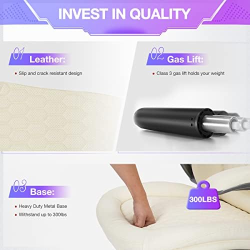 COLAMY Ivory Leather High Back Executive Office Chair Set of 2, Ergonomic Desk Chair with Flip-up Arms, Thick Cushion, Silent Nylon Wheels, Adjustable Height & Rocking Function, 300lbs Capacity - Image 6