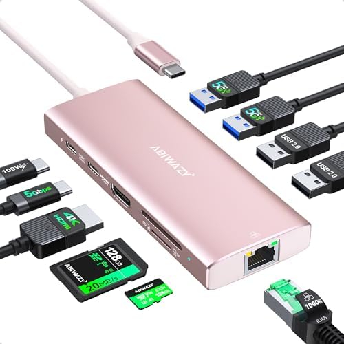 USB C Hub Adapter,10 in 1 USB C to USB HDMI Ethernet Hub with 4K@60Hz HDMI+Ethernet+4USB+1USB-C Data Port+SD/TF Card Reader+100W PD (Pink) by ABIWAZY