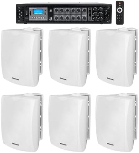 Rockville RCS180-6 Bundle: 180W 6-Zone 70V Commercial/Restaurant Amplifier/Bluetooth, (6) WET-6W 70V 6.5" IPX55 Indoor/Outdoor Wall Speakers - White, 7-Items by Rockville