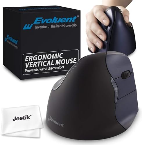 Jestik Evoluent Mouse VM4RW - VerticalMouse 4, Right Hand Ergonomic Design, Evoluent Vertical Mouse with Wireless Connection for Comfort and Precision, Plus Microfiber Cloth (Regular Size) by Evoluent