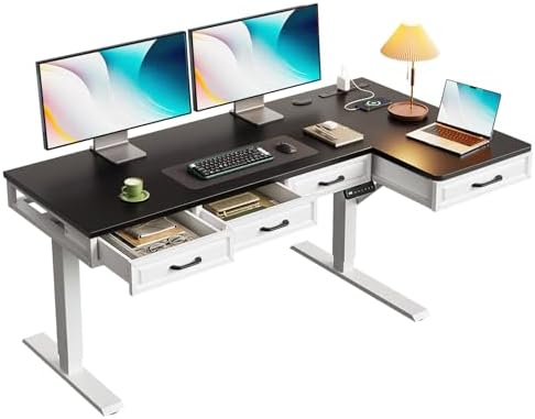 OffiGo 55 Inch L Shaped Standing Desk with 4 Wooden Drawers, White+Black by OfficeGo-ForHomeOfficeWork