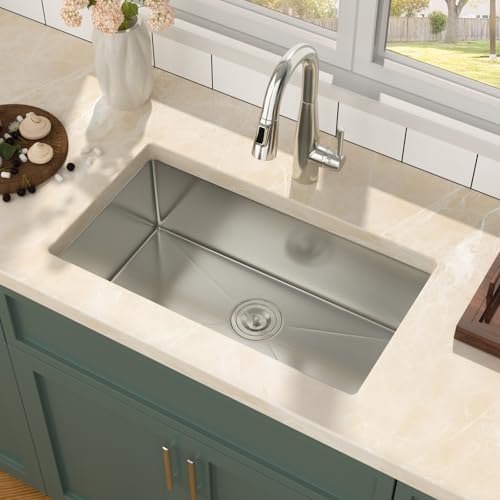 Mocoloo 28 Inch Undermount Kitchen Sink - 28" x 16" T304 Stainless Steel Handmade Single Bowl Round Corner Under Counter 9" Deep Basin - Image 5