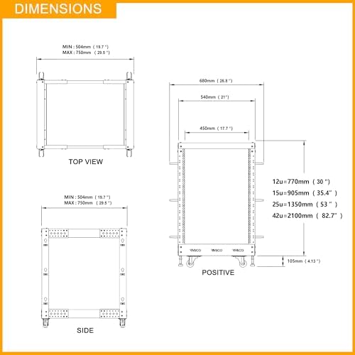 RIVECO 12U Server Rack Adjustable Depth Network 4 Post Cabinet Open Frame with Leveling Feet & Wheels Fully Rivets 1400 LBS - Image 4