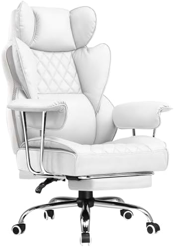 COMHOMA Big and Tall Gaming Chair with Pocket Spring Lumbar Support, Ergonomic Office Chair with Footrest, Executive Desk Chair with Outward Fixed Soft Armrests, Computer Chair with High Back, White by ComHoma