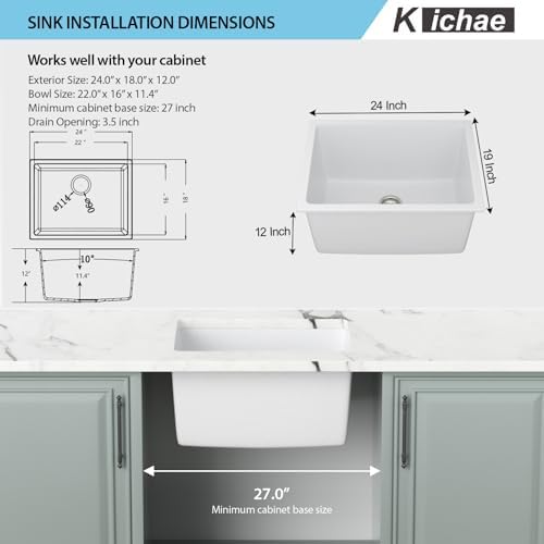 Kichae 12 Deep Undermount Laundry Sink White 24x18 Granite Composite Quartz - Image 7