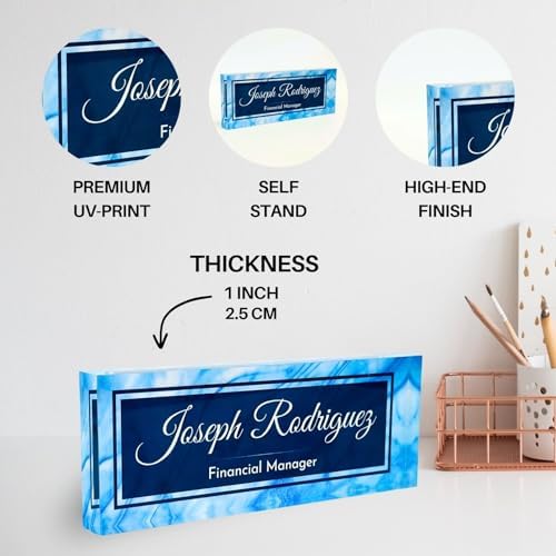 Customized Clear Acrylic Thick 8x3" Desk Name Plate Block with Personalized Logo - Professional Office Decor - Customized Acrylic Plate Gift for Teacher Co-workers (Blue Wave) - Image 2
