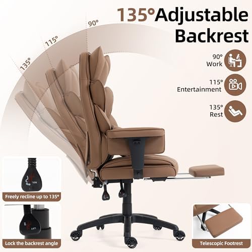 Office Chair,Executive Ergonomic Office Chair with Pocket Spring Cushion, High Back Computer Gaming Chair with Adjustable Armrests, Lumbar Support, Footrest, Executive Chair - Brown PU Leather - Image 3