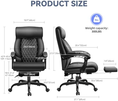 Office Chair, Big and Tall Office Desk Chair, Reclining Office Chair with Footrest Home Office Desk Chairs, High Back Ergonomic with Lumbar Support, Executive Leather - Image 2