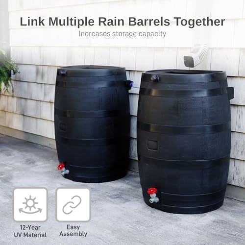 RTS Home Accents 50-Gallon ECO Rain Barrel Made with 100% Recycled Plastic, Flat Back Rain Water Collection Barrel, Soaker Hose Included, Black - Image 5