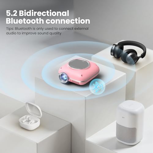 HOMPOW Mini Projector with Two -Way Bluetooth, Portable Projector for Home Theater Use, Support 1080P for Indoor/Outdoor, Movie Projector Compatible with HDMI, USB, Laptop, TV Stick (Pink)/Slide Film - Image 4