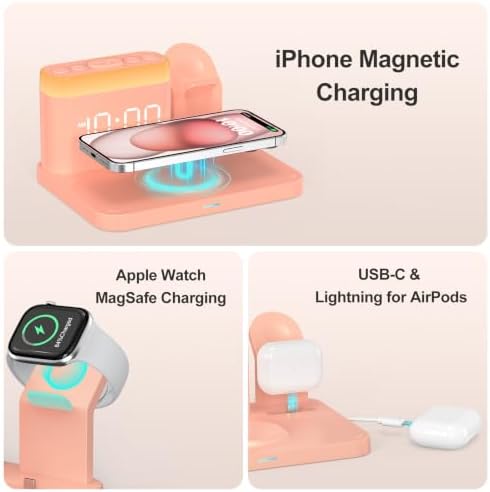ANJANK 5 in 1 Wireless Charging Station with Alarm Clock,7 Night Light & 0-100% Dimmer,Qi Mag-Safe Charger Stand for Apple Devices - for iPhone 17 16 15 14 13 12 Pro Max Plus Air,Apple Watch,Airpods - Image 4