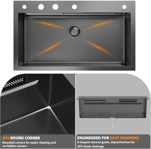Mocoloo 30 Inch Black Honeycomb Waterfall Kitchen Sink Drop in, 30x19 Inch Stainless Steel Workstation Sink 16 Gauge Topmount Single Bowl Sink with Complete Kit - Image 7