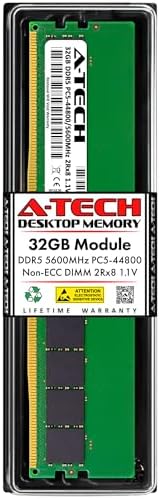A-Tech 32GB DDR5 5600MHz PC5-44800 CL46 UDIMM 2Rx8 Dual Rank 1.1V Non-ECC Unbuffered DIMM 288-Pin Desktop PC/Computer RAM Memory Upgrade Module by A-TechComponents