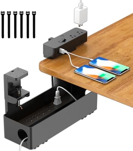 Hiree Under Desk Cable Management Tray with Power Strip, 8 AC Outlets, 2 USB Ports & 1 USB-C Port, Clamp Mount Desk Cable Organizer, No Drill Cord Management Tray for Standing Desk, Home Office（Black） by Hiree