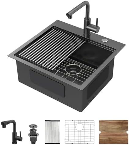 21 Inch Black Drop In Outdoor Kitchen Sink with Faucet by Couoko