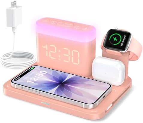 ANJANK 5 in 1 Wireless Charging Station with Alarm Clock,7 Night Light & 0-100% Dimmer,Qi Mag-Safe Charger Stand for Apple Devices - for iPhone 17 16 15 14 13 12 Pro Max Plus Air,Apple Watch,Airpods by ANJANK