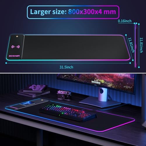 Schkner RGB Gaming Mouse Pad with Wireless Charging 15W, Large Desk Mat 800x300x4mm, 10 Light Modes Keyboard Pad with Non-Slip Rubber Base, Waterproof Mousepad for Gaming PC MacBook Laptop - Image 6