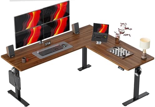TIQLAB 75 x 61 inch L Shaped Standing Desk Adjustable Height, Electric Corner Standing Desk, Sit Stand Computer Table with Splice Board, Black Walnut by TIQLAB