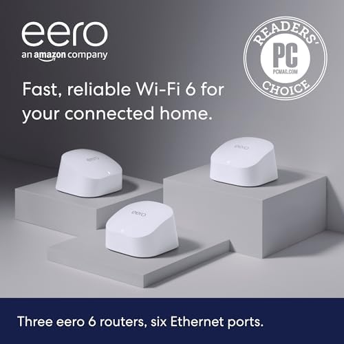 Amazon eero 6 mesh wifi system - Supports speeds up to 900 mbps, Coverage up to 4,500 sq. ft., Connect 75+ Devices, 3-pack (3 routers) by Unknown