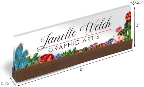 Artblox Personalized Office Desk Name Plate and Business Card Holder | Clear Acrylic Glass with Teak Wood Stand | Cactus Flowers Design Customized with Your Name and Credentials Office Desk Décor - Image 3