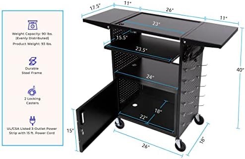 Line Leader Stellar AV Cart - Computer Cart with Customizable Pegboard & Hooks, Locking Cabinet and Tray, UL Certified Power, Mobile Workstation with Locking Wheels, Ideal for Laptop & Charger Storage - Image 5