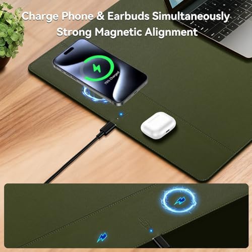 Wireless Charging Mouse Pad, 15W Fast Charge Magnetic Charger Desk Pad, Large Office Desk Mat (23.4x15.6) with Ultra-Smooth Surface, Green Computer Mousepad for MacBook, PC, Laptop - Image 3