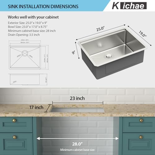 Kichae 25 Undermount Kitchen Sink Stainless Steel 16 Gauge Workstation - Image 5