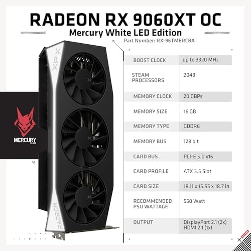 XFX Mercury AMD Radeon RX 9060 XT OC Gaming Edition with 16GB GDDR6 HDMI 2xDP, AMD RDNA 4 RX 9060XT RX-96TMERCBA - Image 5