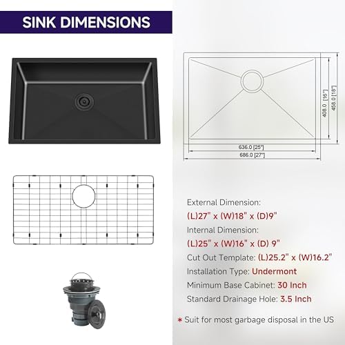 27 Inch Black Undermount Single Bowl Handmade Kitchen Sink - Image 7
