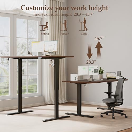 Klicelor 63 x 28 Electric Standing Desk, Sit Stand Up Home Office Desk, Height Adjustable Deep Cumputer Table with Memory Presets and Hooks, Two Pieces, Dark Walnut - Image 5