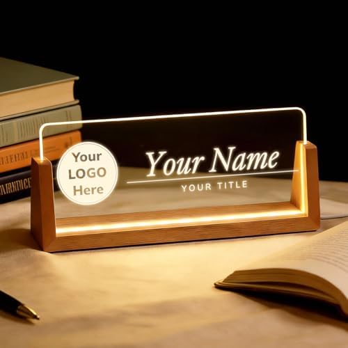 Personalized Light Up Acrylic Desk Name Plate - Custom Name Plate for Desk with Walnut Wood Base - Appreciation Office Gifts for Employees, Teacher, Social Worker (LOGO) by Unknown