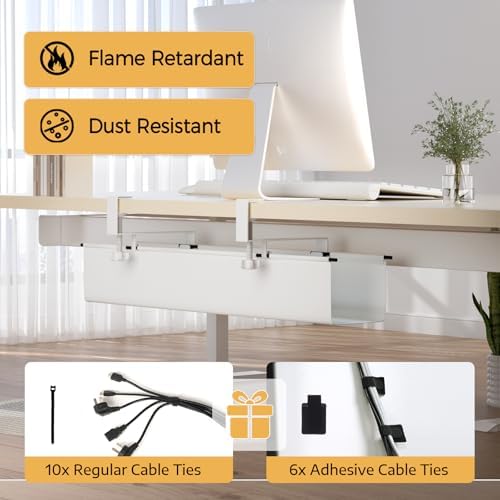 Under Desk Cable Management Tray 27.2" - No Drill Computer Wire Organizer Cable Tray, Cord Hider Clamp Mount with 16X Cable Ties PC Cables Management Cord Holder for Office/Home (Upgrade Fabric,White) - Image 2