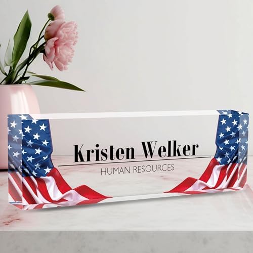 Name Plate for Desk, Desk Name Plate Personalized Office Desk Decor for Women Men, Acrylic Desk Accessories with US Flag, The Office Gifts Employee Appreciation Gifts for Boss, Manager, Teacher, Nurse by AeekdookWoodenPuzzles