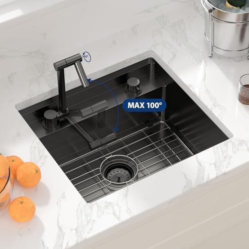 Sarlai Black Undermount Bar Sink With Foldable Faucet - 21x19 Inch Outdoor Black Kitchen Sink RV Workstation 16 Gauge Stainless Steel Single Bowl Handmade Outdoor BBQ Sinks with Lid - Image 2