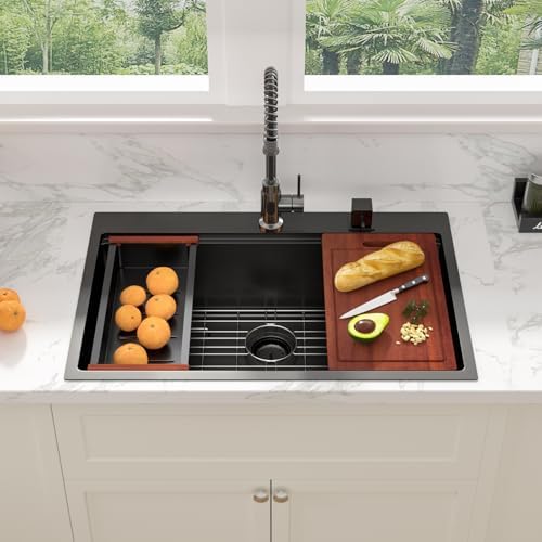 Sarlai 33 Matte Black Drop-In Kitchen Sink Workstation - 33x22 Inch Drop Kitchen Sink with Ledge NANO-Tech Black Topmount Round Corner 16 Gauge Stainless Steel Single Bowl Sinks Basin - Image 3