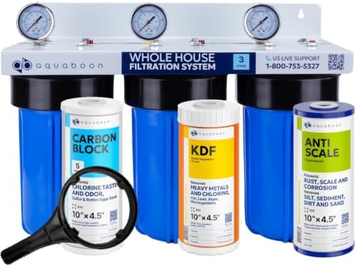 Aquaboon 3-Stage Whole House Water Filtration System with 5 Micron 10x4.5 Anti-Scale Reducing Sediment, KDF Heavy Metals and Carbon Chlorine Reduction Water Filter Purification, Wrench, Bracket by Aquaboon