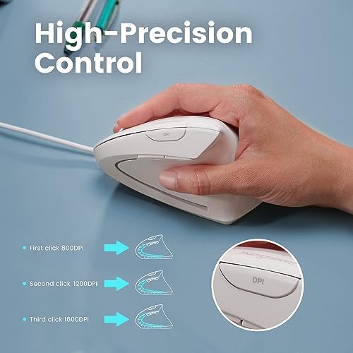 Perixx PERIMICE-513W Wired Ergonomic USB Mouse - 6 Buttons with 1000/1600 DPI - Vertical Right-Handed Design - White (Pack of 2) - Image 4