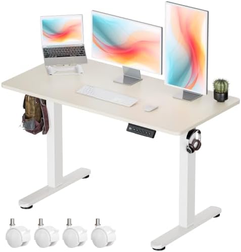 Okin Standing Desk Electric Adjustable Computer Whole Piece Stand up Desk with Wheels Office Gaming Home Office Memory Desks 48x24 inches Cream Brown by Okin