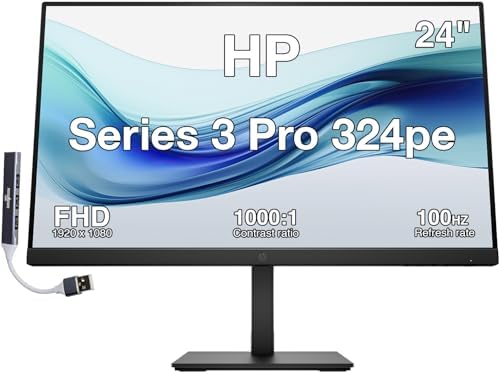 HP Series 3 Pro 324pe 24" FHD IPS Monitor with 5ms Response Time, Anti Glare, Flicker Free, Pivot, VESA Mount (100mm), VGA, Displayport, HDMI, & Dockztorm USB Port Expander, Black Color (B1GM5AA#ABA) by MichaelElectronics2