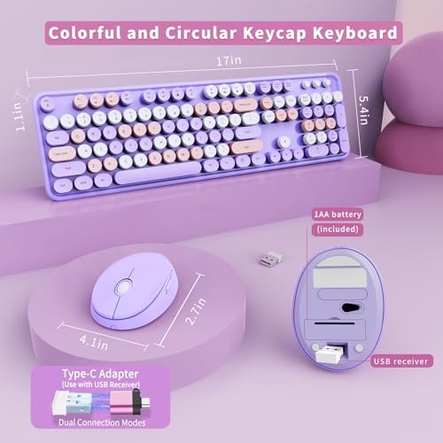 SkyGive Wireless Keyboard and Mouse Combo, Ergonomic Full Size Typewriter Retro Round Keycaps Keyboard, Compatible with Windows, PC, Perfer for Home and Office Keyboards (Lavender Purple - Image 5